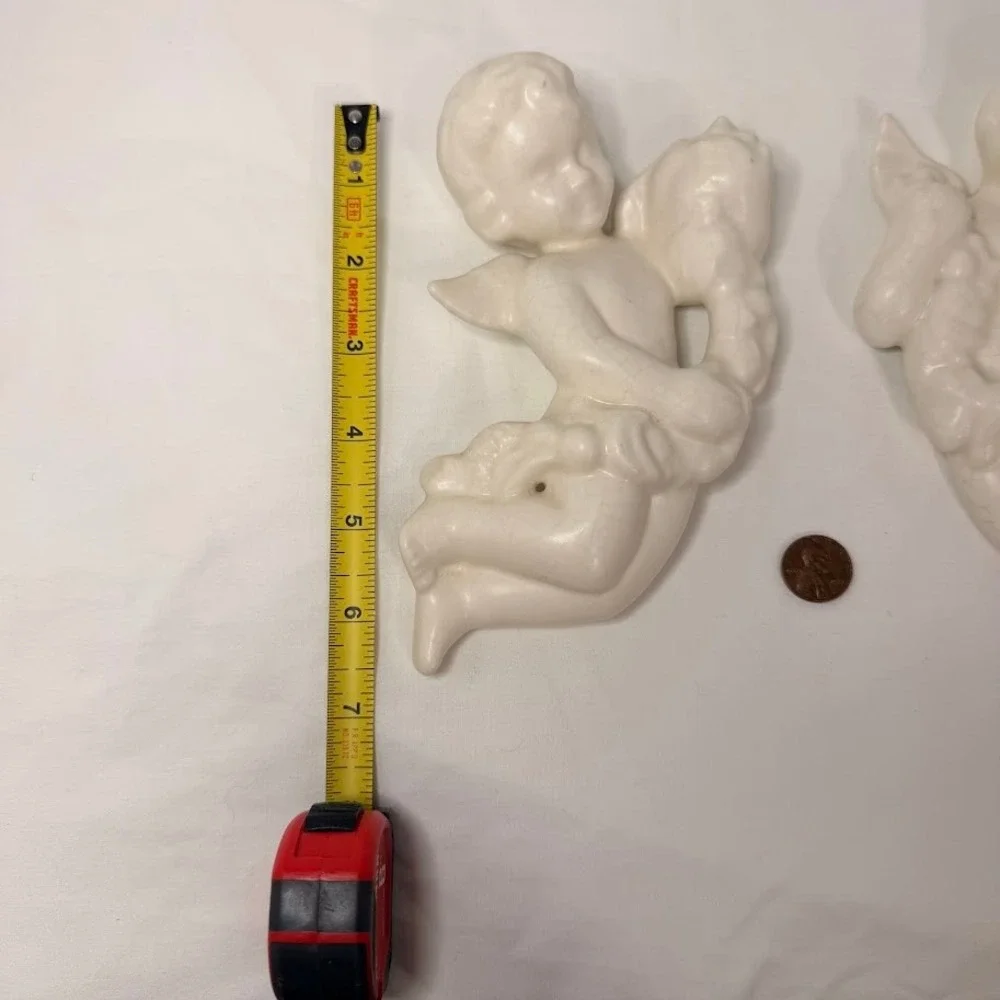 Vintage Ceramic Cherub Wall Hanging Pair Cream Angel Garland Set 7 Inch Cherubim
